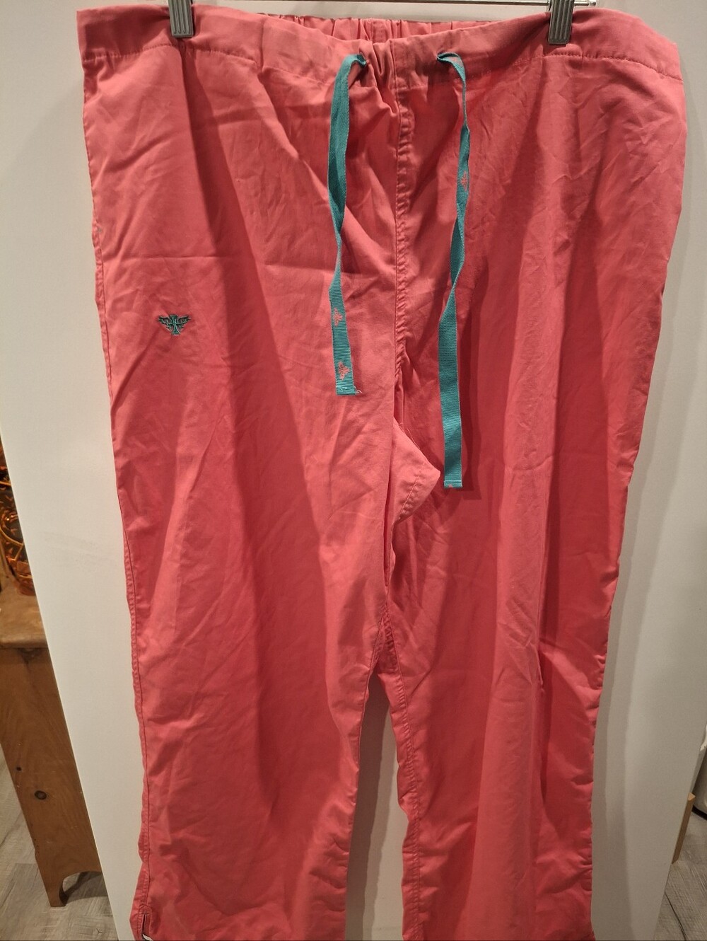 Women's Coral Pink Pull-On Scrub Pants with Teal Drawstring